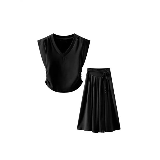 V neck Top And Elastic Waist Pantskirt Set Wear B662567